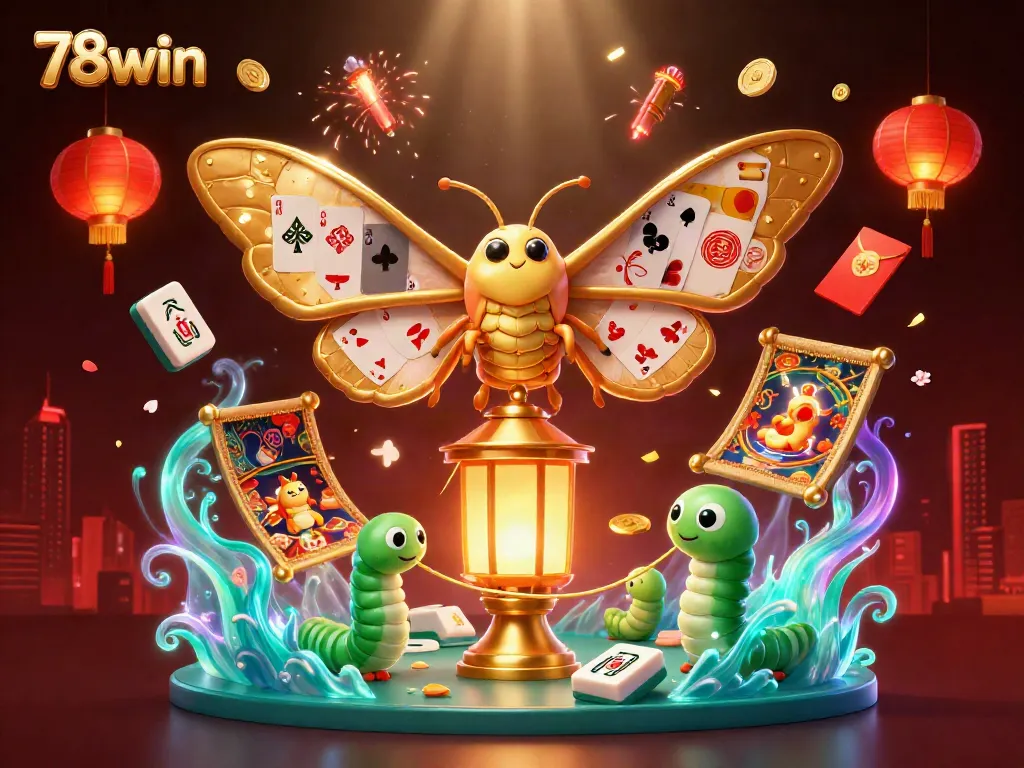 Engage in thrilling games at 78win with a vibrant scene showcasing a captivating atlas moth illuminated in a dynamic casino atmosphere.
