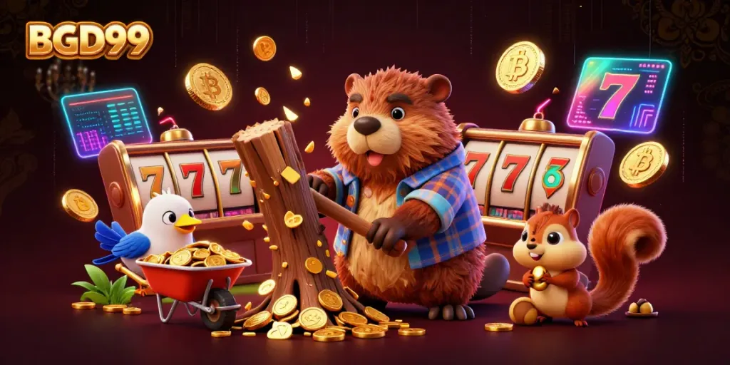 BGD99 casino scene with animated characters and golden coins, featuring fun gaming graphics.