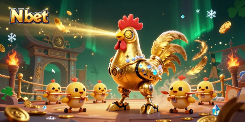 N bet showcases a dynamic scene with a golden rooster robot and baby chick drones in a thrilling betting arena.