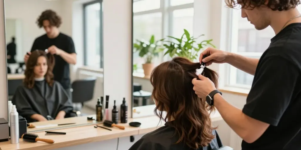 Hair topper for thinning hair being applied in a modern salon