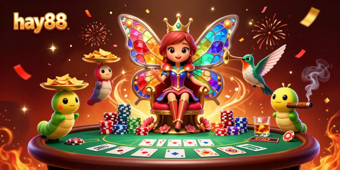 Engage with hay88's vibrant casino world through a fantasy scene filled with poker elements and jubilant characters.