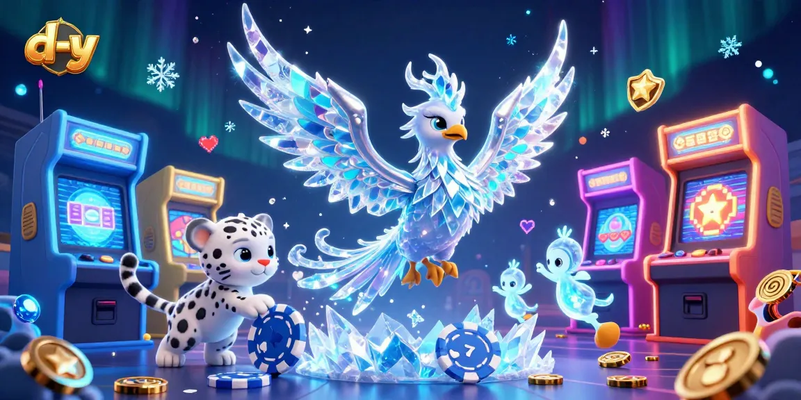 Engage with d-y's vibrant 3D cartoon scene of an ice phoenix and engaging casino elements.
