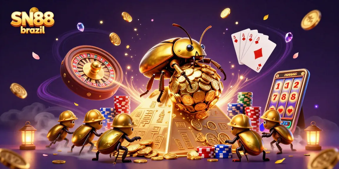 Experience thrilling gaming action with SN88 brazil, showcasing cartoon beetles in a treasure-filled casino scene.