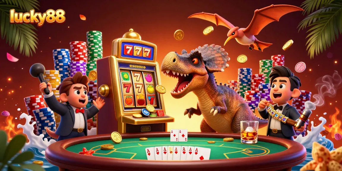 Lucky88 casino scene featuring a dinosaur jackpot and vibrant gaming elements.