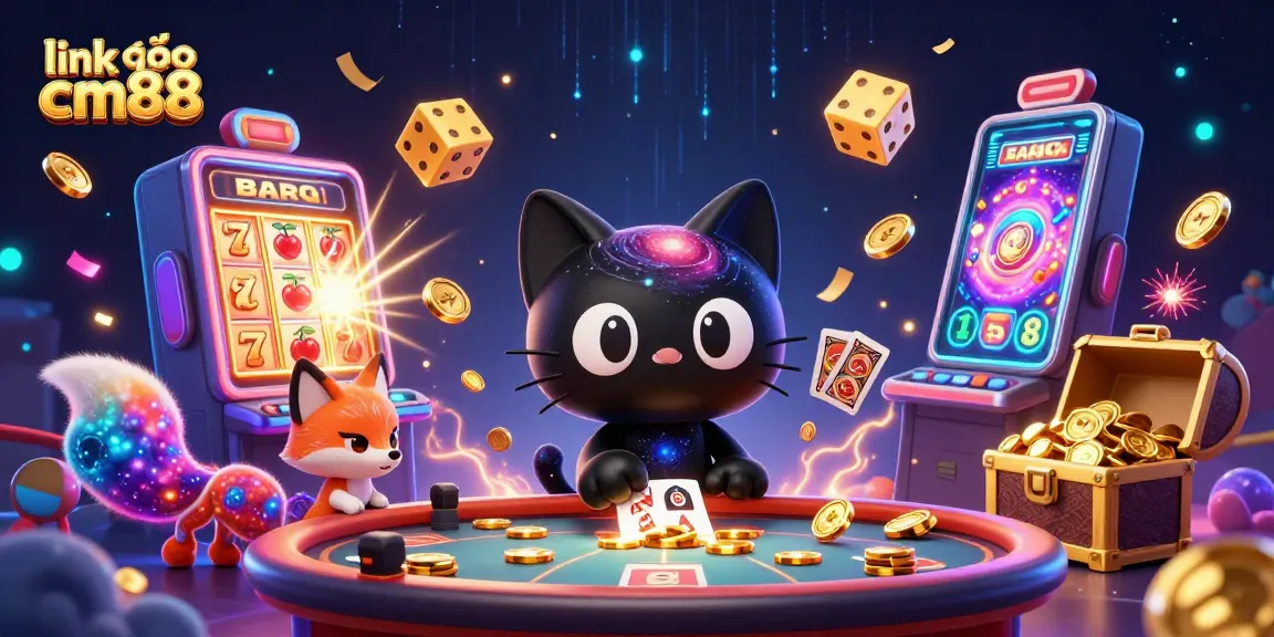 Win big with link vào cm88 as the cosmic cat gathers golden chips in a vibrant casino.
