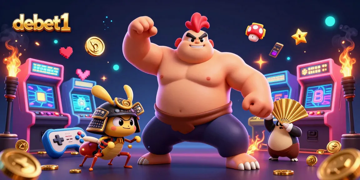 Engage with debet1 promotions featuring a sumo wrestler, cricket, and tanuki in a vibrant casino scene.