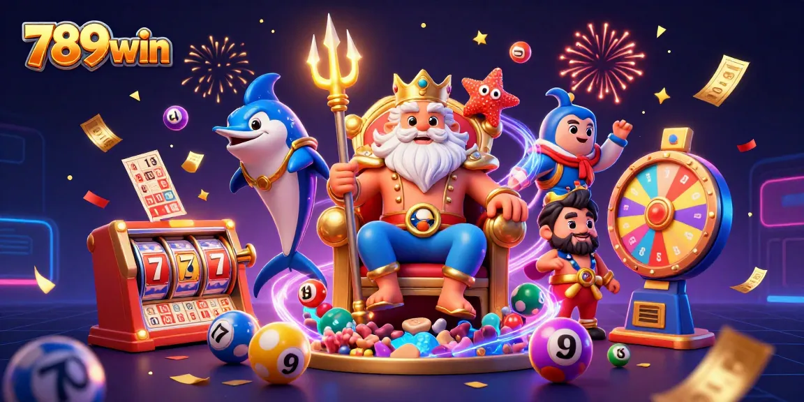 Experience exciting gameplay with 789win's vibrant casino atmosphere featuring dynamic slot reels and colorful lottery balls.