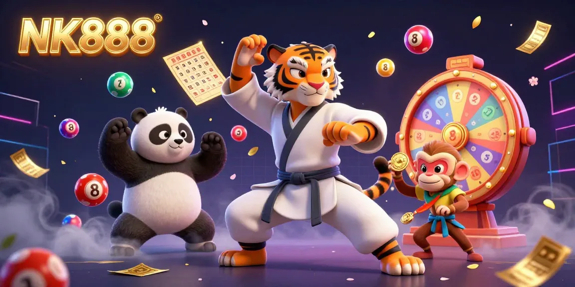 Experience thrilling action with NK888's vibrant casino scene featuring a kung fu tiger, panda, and monkey amidst dynamic lottery gameplay.