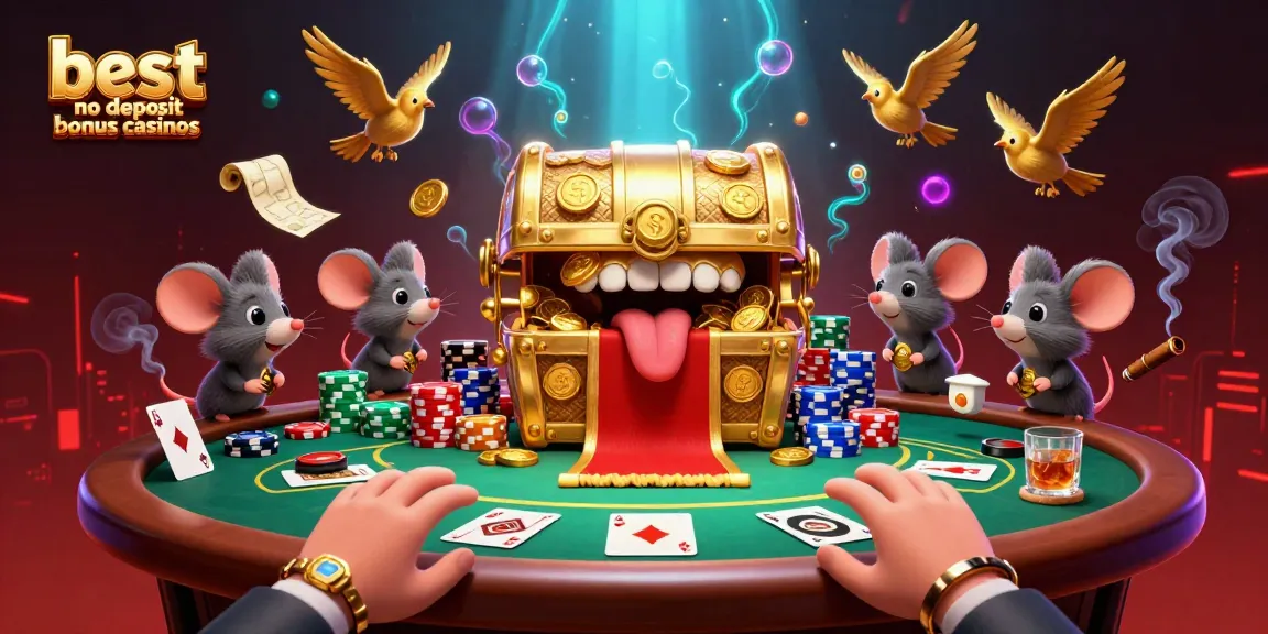 No deposit bonus casinos showcase riches and excitement with vibrant poker elements and cartoon characters.