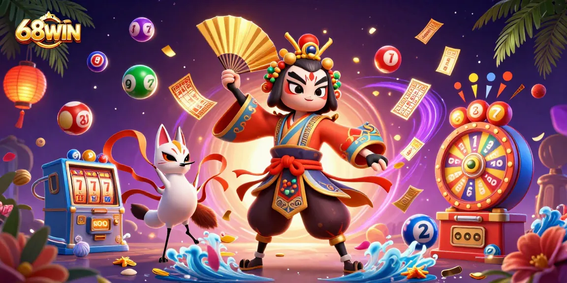 Experience thrilling gaming with 68WIN, featuring colorful lottery elements and dynamic casino visuals.