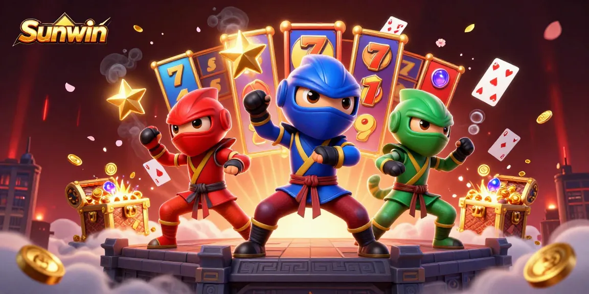 Experience the excitement of Sunwin with vibrant slot reels and a synchronized ninja chameleon team.