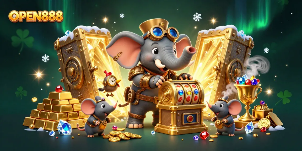 Spin and win at OPEN888 with a whimsical 3D steampunk casino scene full of treasures.