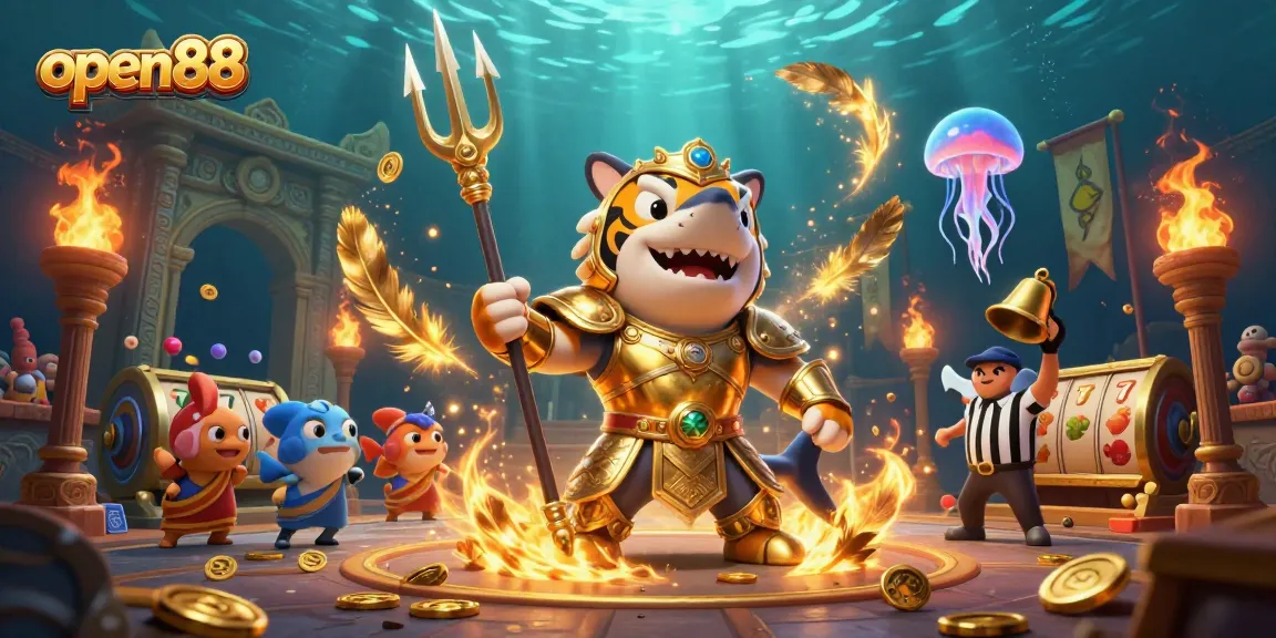 Join the excitement at open88 with a vibrant underwater casino scene featuring a shark gladiator!