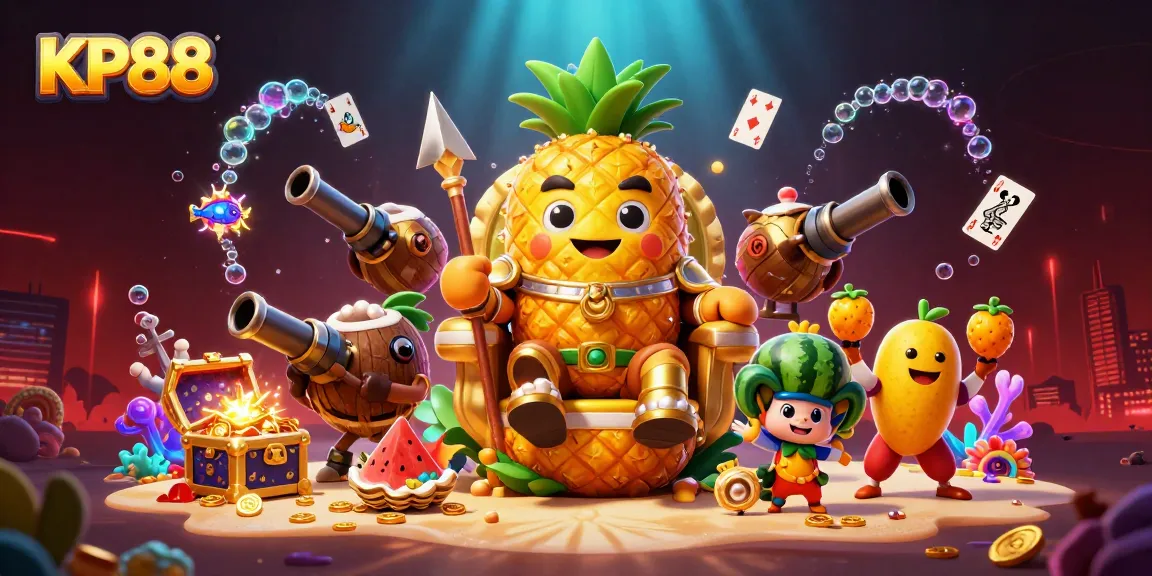 Experience KP88's vibrant casino atmosphere with golden characters and abundant treasures in 3D.