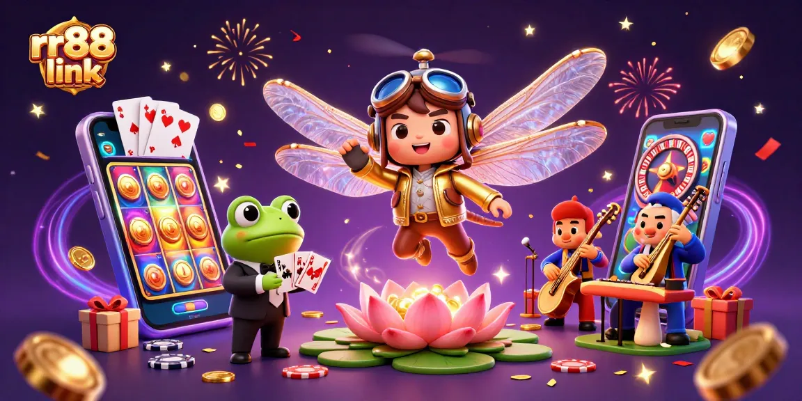 Experience the vibrant world of gaming with rr88 link, showcasing a cartoon dragonfly pilot and frog croupier in a lively scene.