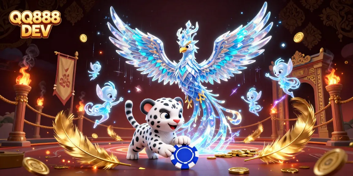 Engage with QQ888 DEV in an immersive 3D casino adventure featuring a magical ice phoenix.