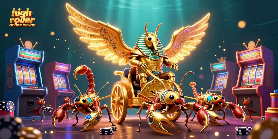 Experience the thrill of a high roller online casino with a vibrant 3D scene featuring a golden scarab and colorful game machines.