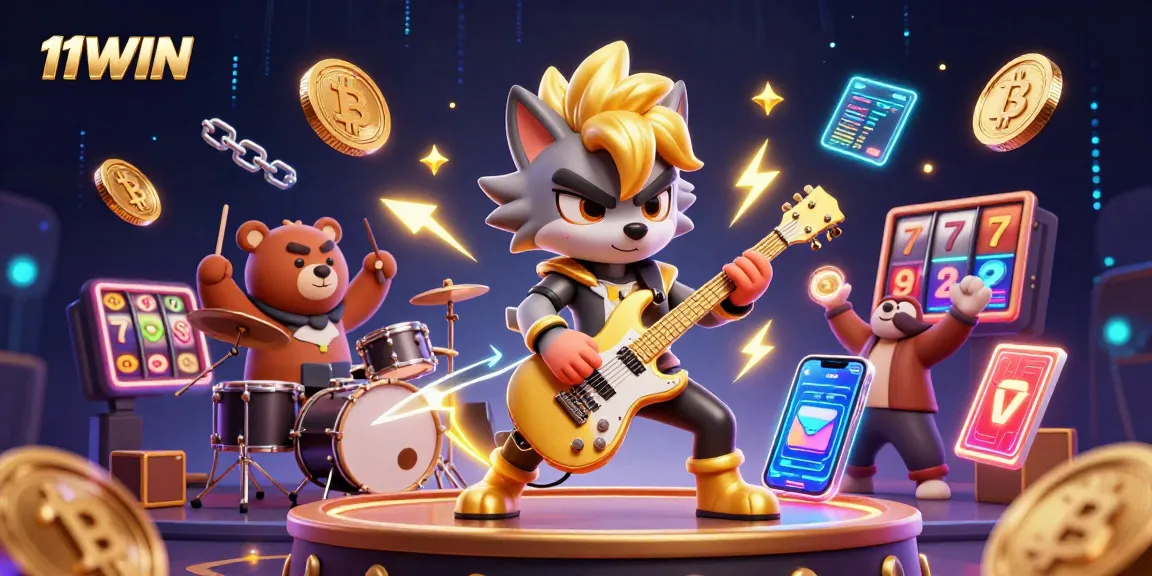 Engage with the 11WIN casino experience featuring dynamic characters and cryptocurrency elements.