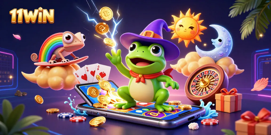 11WIN showcases a dynamic storm of coins and vibrant slot game elements in a whimsical casino scene.
