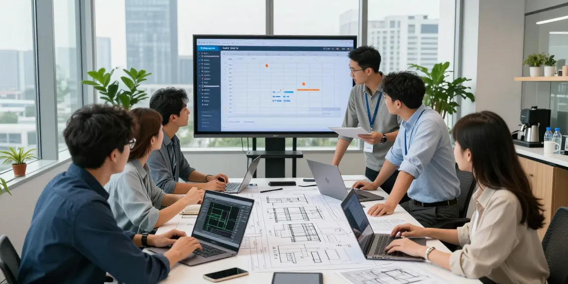 Engineering Services Canada team collaborating in modern office with blueprints and laptops showcasing engineering solutions.