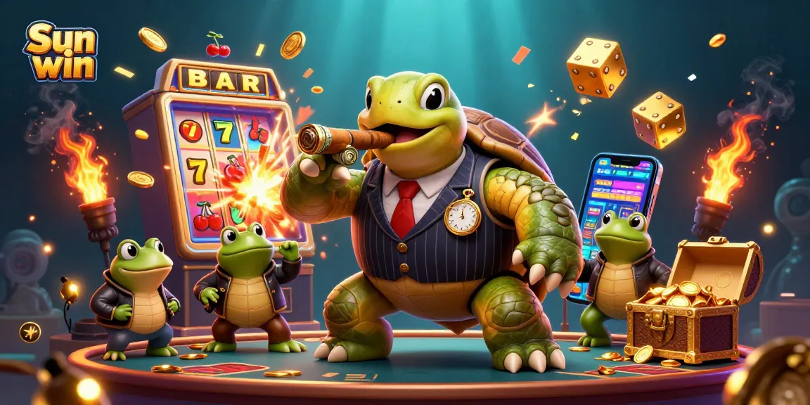 Experience the dynamic winnings at Sun win, featuring a mobster turtle and jackpot-stuffed slot machine.