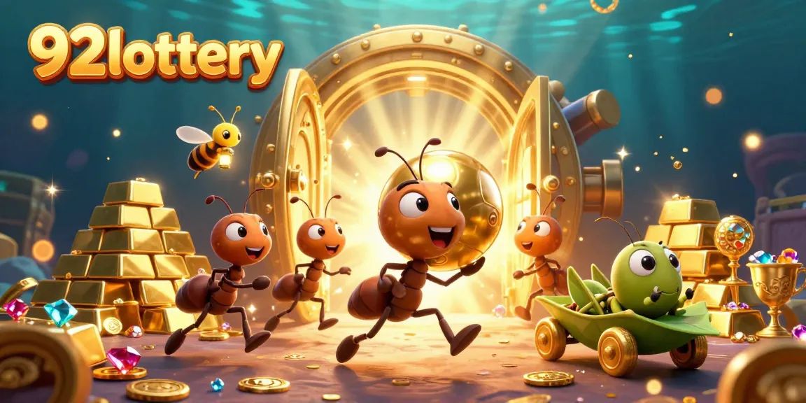 92lottery ants running a heist with a golden lottery ball in a dynamic illustration.