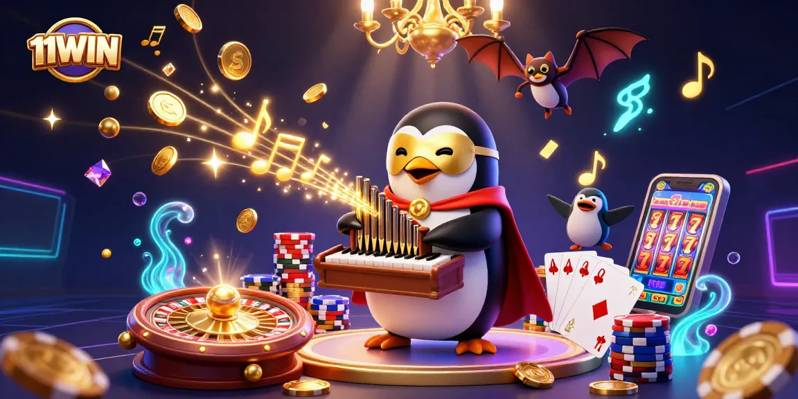 Experience wins at 11WIN with vibrant casino elements around a phantom opera penguin.