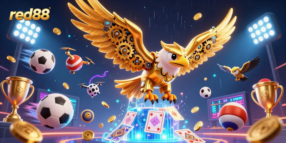 Experience thrilling moments with red88's dynamic gameplay featuring a cybernetic eagle among sports elements.