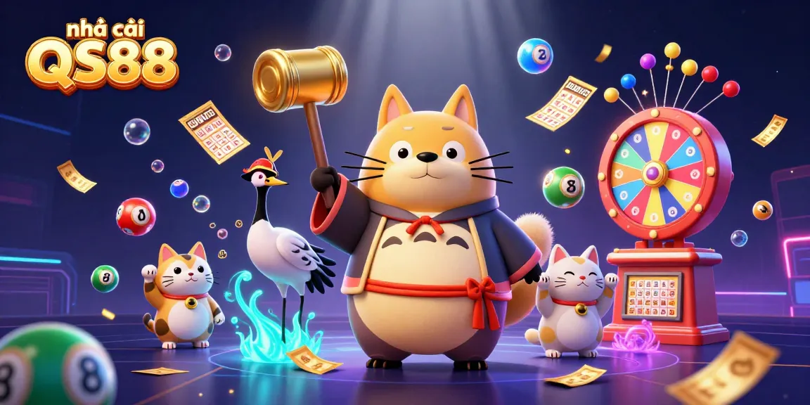 Experience excitement with nhà cái QS88 as vibrant lottery elements surround cheerful characters in a captivating scene.