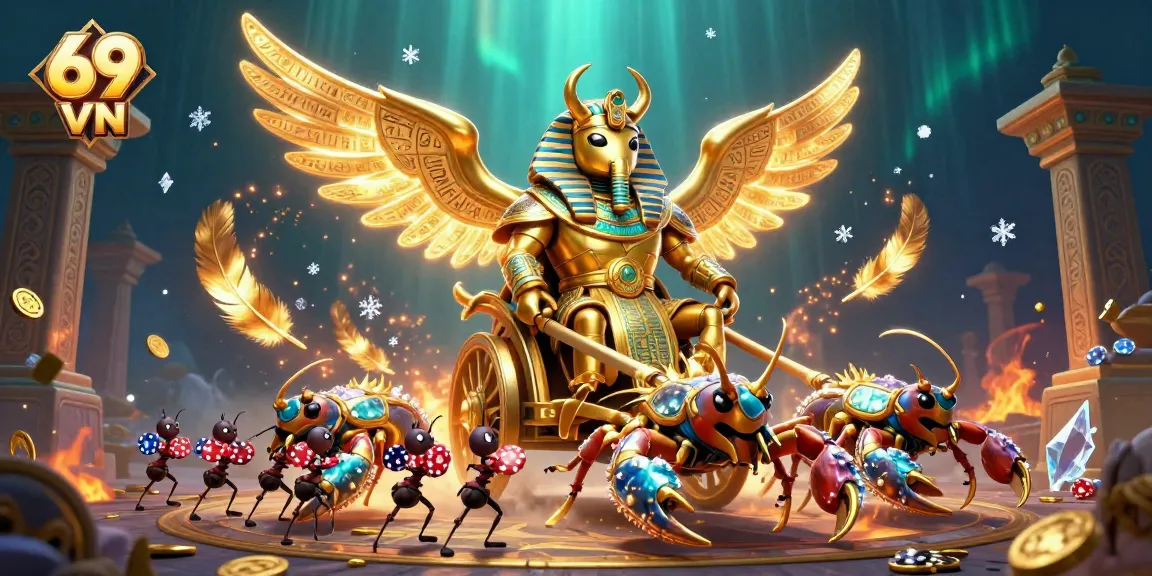 Experience thrilling gameplay with 69 VN's striking illustration of a golden scarab, scorpions, and ant soldiers.