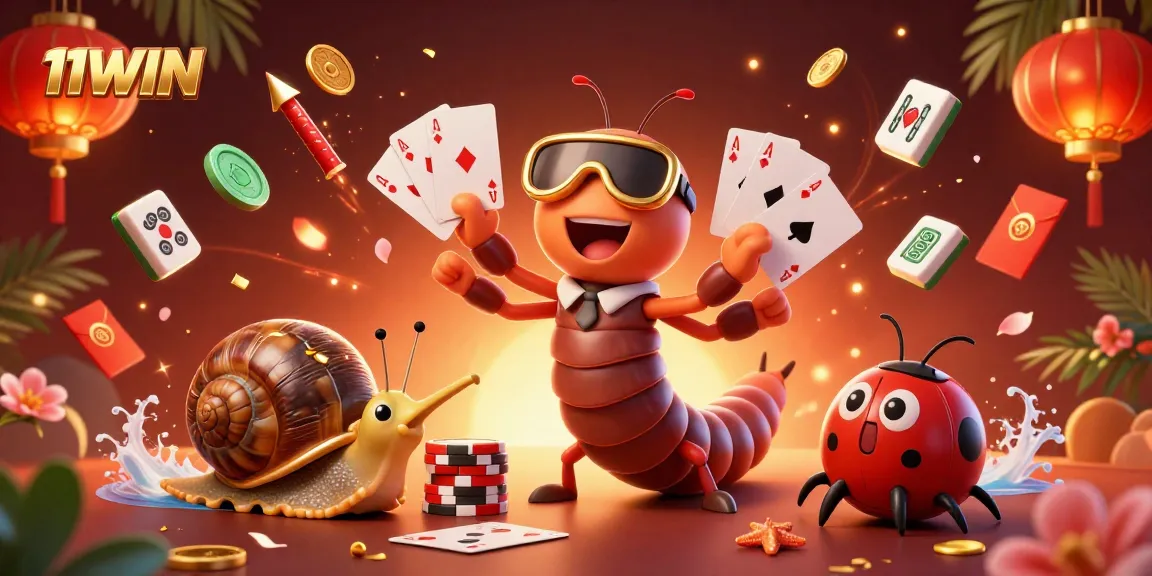 Experience the excitement of 11WIN with a vibrant 3D casino scene showcasing a millipede dealer and high-roller characters.