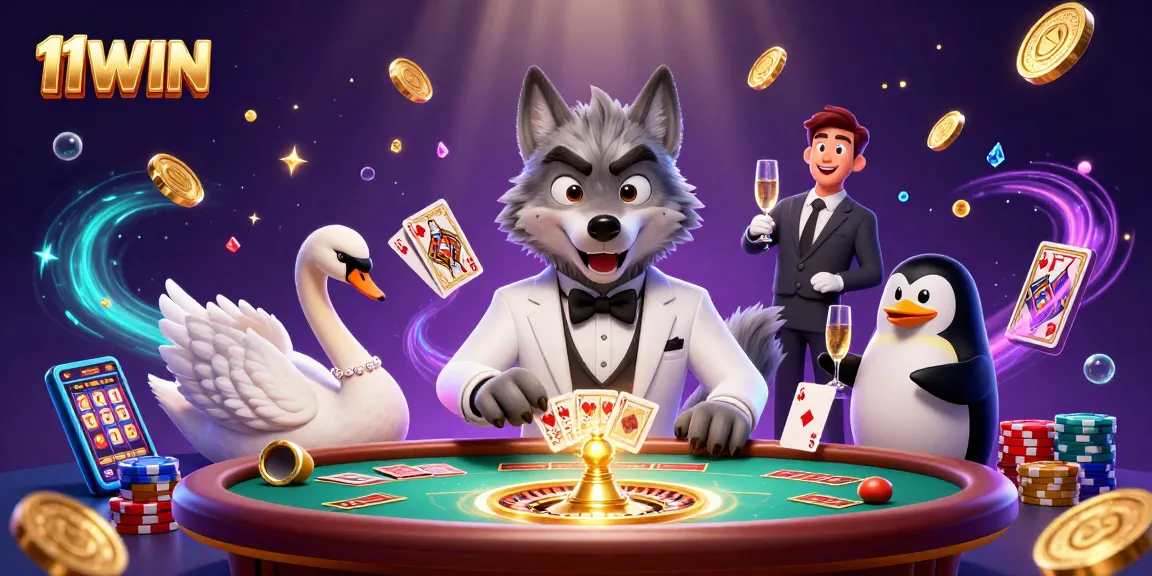 Experience thrilling baccarat action with 11WIN featuring colorful characters and lavish casino elements.
