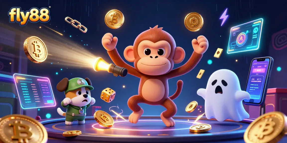 Engage with fly88 as the poltergeist monkey juggles coins and chips in a vibrant casino scene.