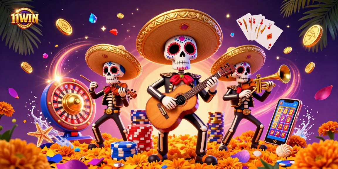 Engage with vibrant 11WIN slots and casino action featuring festive mariachi skeletons.