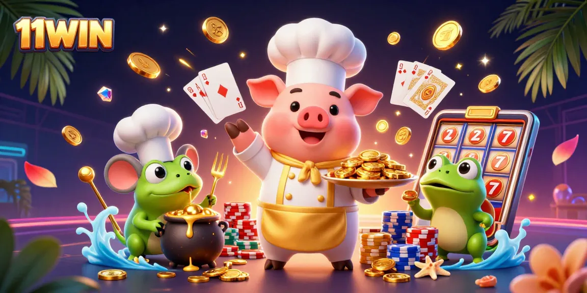 Experience the thrill of 11WIN with vibrant casino-themed illustration featuring chef pig, sous-chef mouse, and critic frog.