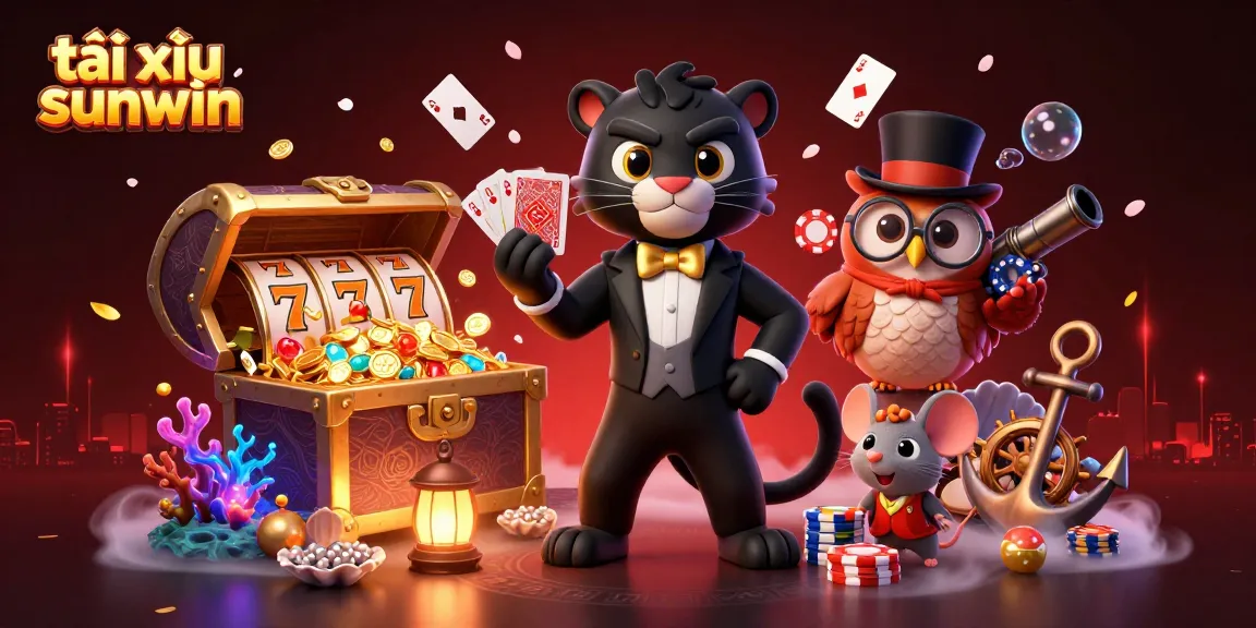 Engage in thrilling gameplay with tài xỉu sunwin, featuring a charming 3D panther dealing cards amid an exciting casino backdrop.