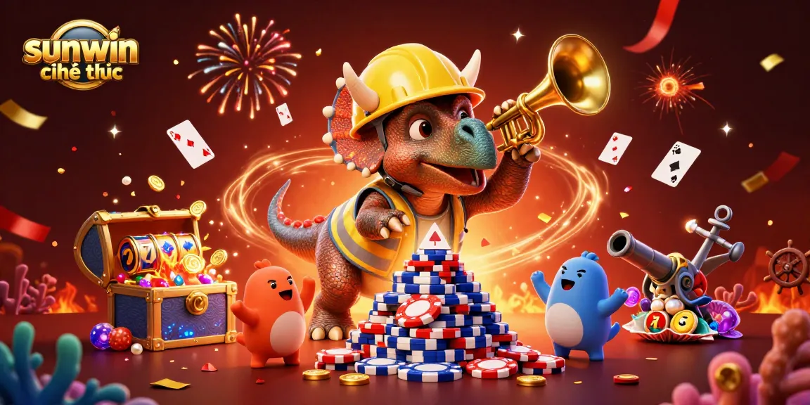 Experience the excitement of sunwin chính thức with cartoon characters celebrating casino wins amidst vibrant 3D graphics.