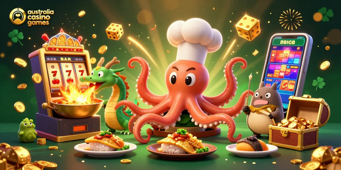 Experience thrilling australia casino games with a dynamic illustration of a sushi chef octopus and friends.